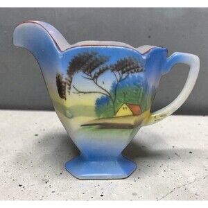 VTG Hand Painted Japan Porcelain Creamer Pitcher Cottage Landscape 4” Blue
